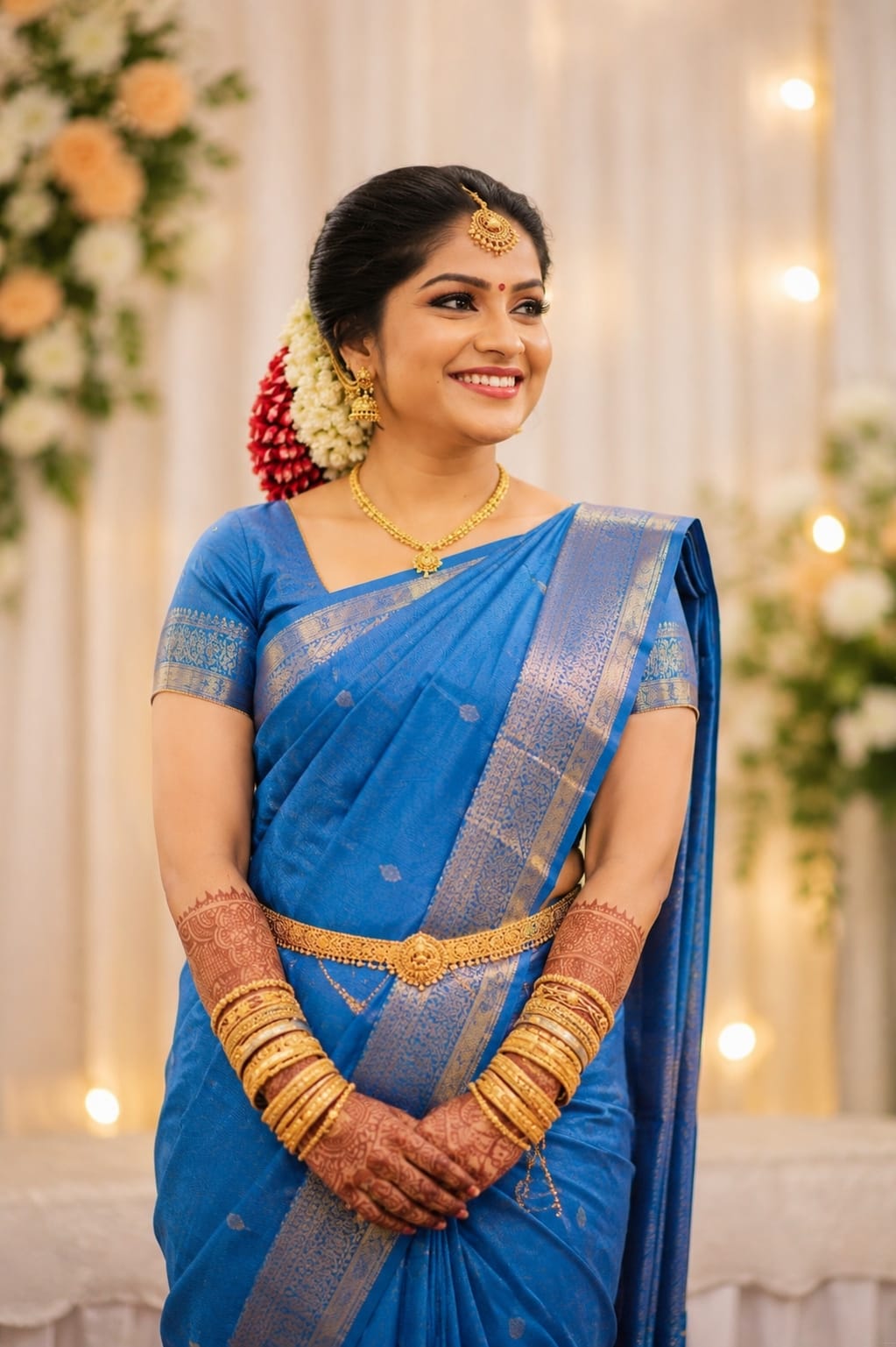 Happy Indian bride smiling after makeup session